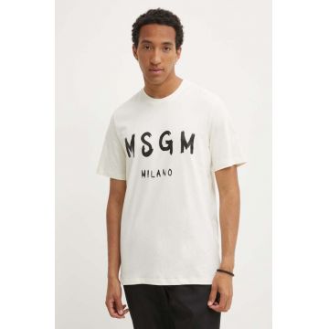 MSGM tricou din bumbac barbati, culoarea bej, cu imprimeu, 2000MM510.200002