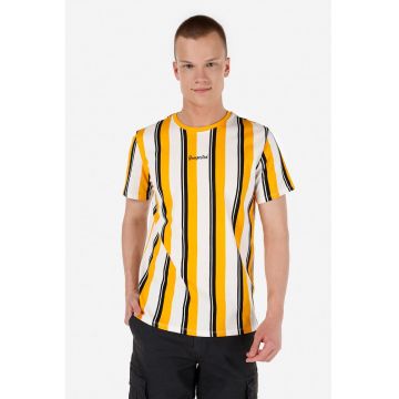 Tricou cu decolteu la baza gatului si model in dungi - Alb/Portocaliu/Negru stins