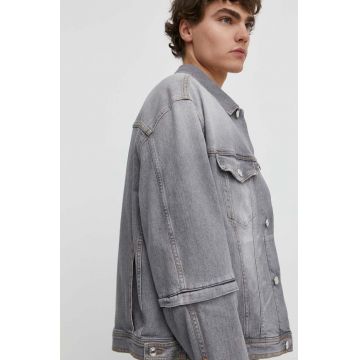 Iceberg geacă din denim bărbați, culoarea gri, de tranziție, oversized