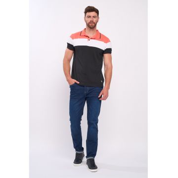 Tricou polo cu aspect pique - Alb/Coral/Negru stins