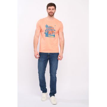 Tricou cu imprimeu grafic si decolteu la baza gatului - Roz somon