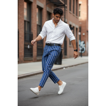 Pantaloni barbati eleganti bleumarin cu dungi B1606 Y13-3