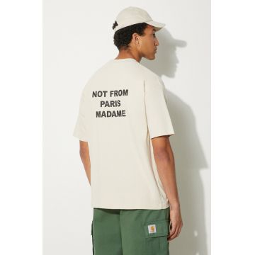 Drôle de Monsieur tricou din bumbac Le T-Shirt Slogan barbati, culoarea bej, cu imprimeu, PERM-TS203-CO002-MT