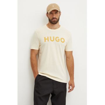 HUGO tricou din bumbac bărbați, culoarea galben, cu imprimeu, 50467556