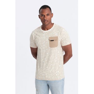 Tricou cu model si buzunar pe piept - Bej/Crem