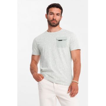 Tricou cu model si buzunar pe piept - Verde pal/Alb murdar