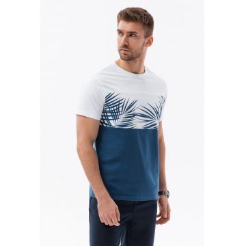 Tricou din bumbac cu imprimeu tropical - Alb/Albastru inchis