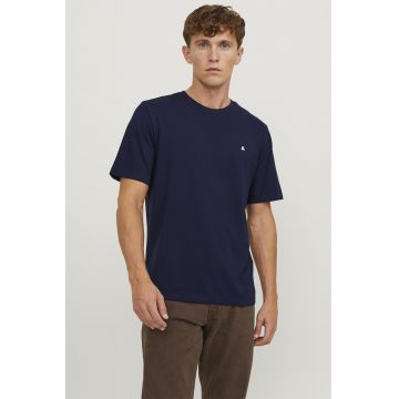 Tricou de bumbac organic cu decolteu la baza gatului si broderie discreta - Bleumarin