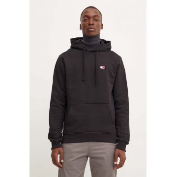 Tommy Jeans hanorac de bumbac barbati, culoarea negru, cu glugă, neted, DM0DM17988
