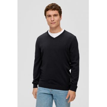 Pulover de bumbac cu decolteu in V - Negru