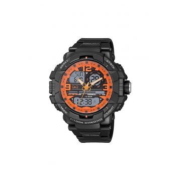 Ceas barbatesc -  Hibrid - Plastic - 55 mm - Rezistenta la apa 10 ATM - Negru/Portocaliu