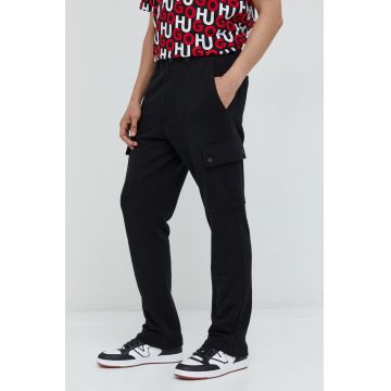 HUGO pantaloni de bumbac barbati, culoarea negru, cu fason cargo