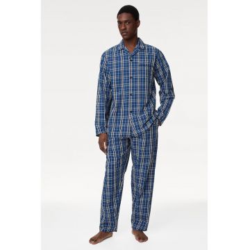 Pijama in carouri cu revere decupate - Albastru inchis/Albastru royal/Alb murdar