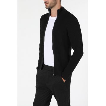Cardigan slim fit cu fermoar si aspect striat Cardigan slim fit cu fermoar si aspect striat