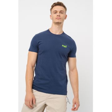 Tricou cu decolteu la baza gatului si logo - Albastru indigo/Verde lime