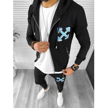 Trening barbati slim fit negru cu albastru  Pantaloni + Hanorac 12931 D8