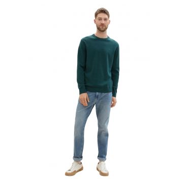 Pulover din bumbac cu decolteu la baza gatului - Verde inchis