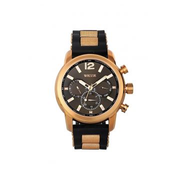 Ceas barbatesc  model WWG200908 - quartz - rezistent la apa 5 ATM - negru - bronz - curea silicon - carcasa otel roz aurie