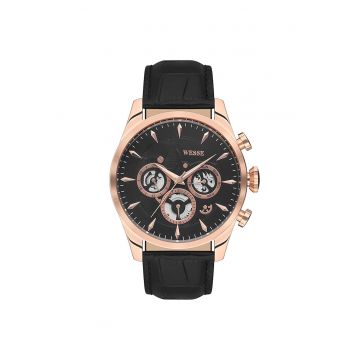 Ceas barbatesc  model WWG202802 - Quartz - rezistent la apa 5 ATM - curea neagra - carcasa rotunda din otel roz