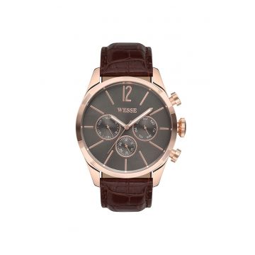 Ceas barbati  model WWG200103 - cu mecanism Quartz - rezistenta la apa 5 ATM - curea maro - cadran negru - carcasa rotunda din otel roz