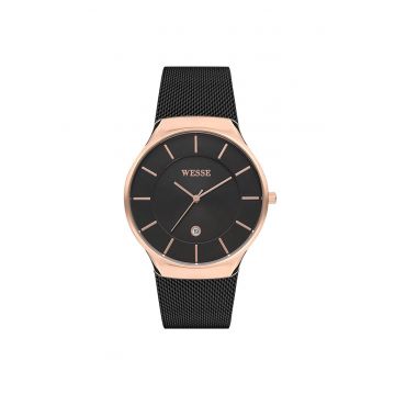 Ceas barbati  model WWG202007 - cu mecanism Quartz - rezistenta la apa 5 ATM - curea neagra - carcasa rotunda din otel roz