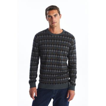 Pulover cu model si decolteu la baza gatului - Albastru ultramarin/Gri antracit