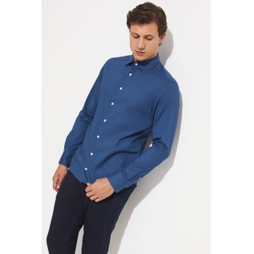 Camasa din amestec de bumbac cu model uni - Albastru inchis