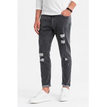 Blugi cu croiala conica si detalii cu aspect deteriorat - Gri inchis melange