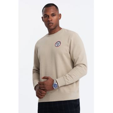 Bluza de trening cu model uni si aplicatie pe piept - Maro nisip