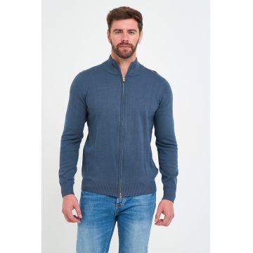 Bluza de trening cu model uni si fermoar - Albastru inchis