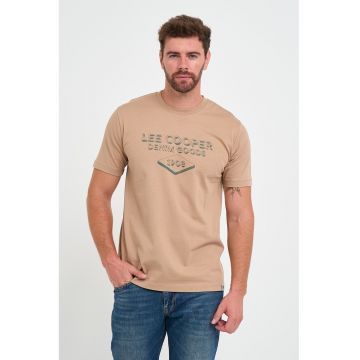 Tricou din bumbac cu decolteu la baza gatului si imprimeu logo - Maro nisip