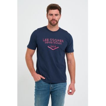 Tricou din bumbac cu decolteu la baza gatului si imprimeu logo - Fucsia/Albastru inchis