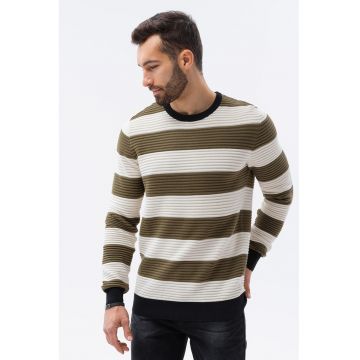 Pulover cu dungi si decolteu la baza gatului - Alb/Verde sparanghel