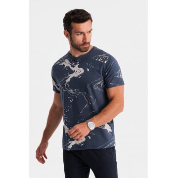 Tricou cu decolteu la baza gatului si model tie-dye - Bleumarin