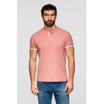 Tricou de bumbac cu fenta cu nasturi - Roz somon