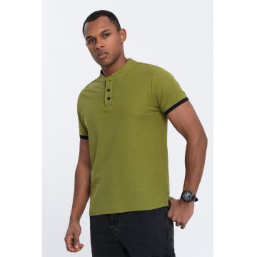 Tricou de bumbac cu fenta cu nasturi - Verde masliniu
