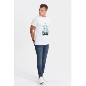 Tricou de bumbac cu imprimeu - Alb/Negru/Turcoaz