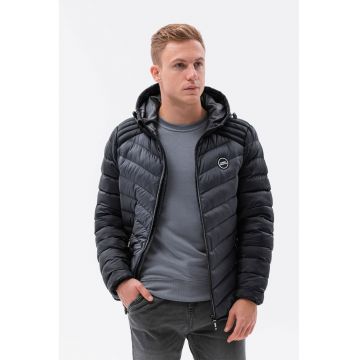 Geaca cu gluga - vatelina si aspect matlasat - Negru/Gri inchis