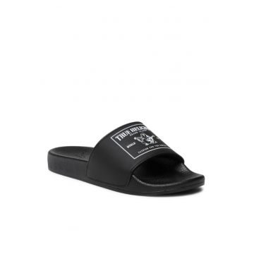 Papuci flip-flop cu model pentru barbati -  Piele ecologica - Negru