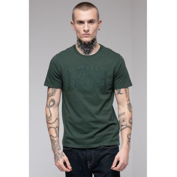 Tricou din bumbac cu decolteu la baza gatului si logo - Verde inchis
