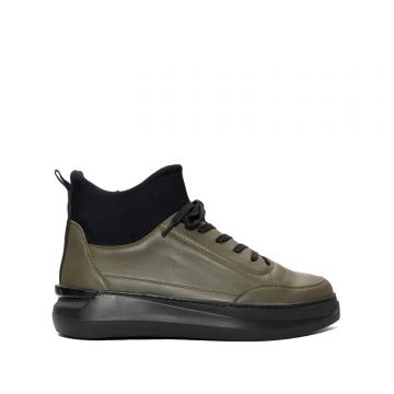 Ghete bărbați din piele naturală, Leofex - Mostră Roman Kaki Negru Box Strech
