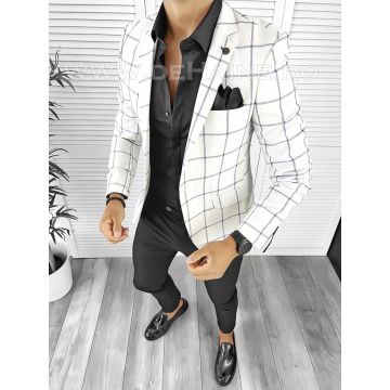 Sacou barbati slim fit alb in carouri B8321 O3-4.2