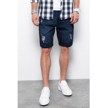 Bermude din denim cu model uni - Albastru inchis