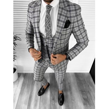 Costum barbati slim fit gri in carouri B7916 O2-2.1