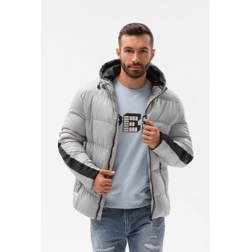 Geaca matlasata cu vatelina - gluga si banda contrastanta - Negru/Gri