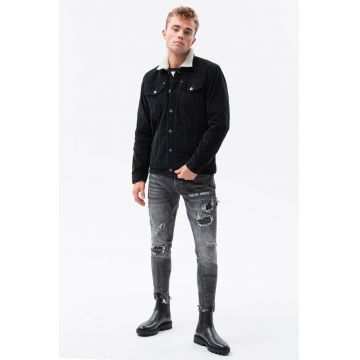 Jacheta din reiat cu garnituri de blana shearling sintetica - Negru