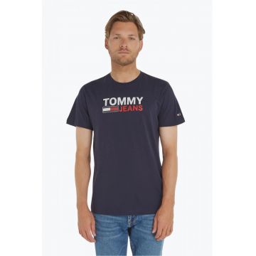 Tricou barbati cu imprimeu cu logo  din bumbac organic bleumarin inchis