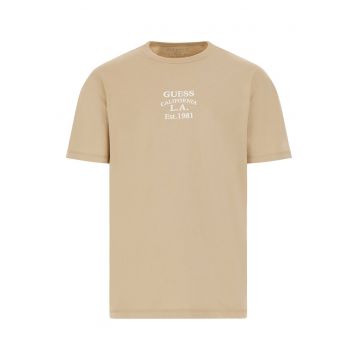 Tricou din bumbac cu decolteu la baza gatului si logo brodat