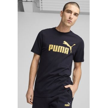 Tricou din bumbac cu decolteu la baza gatului si logo