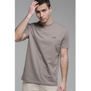 Tricou cu logo discret si decolteu la baza gatului - Maro deschis